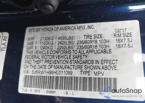 2017 Honda Cr-V Touring из США, поврежденный, VIN 5J6RW1H96HL011099